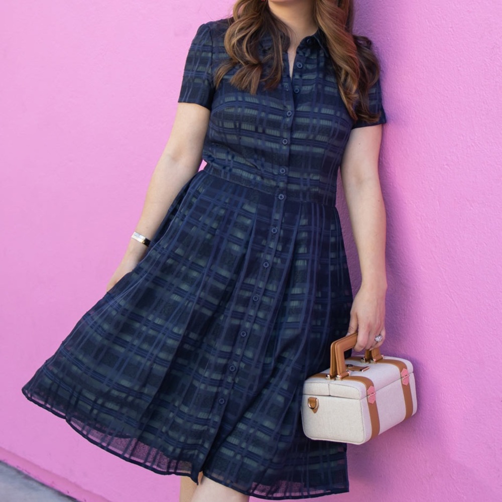 Gal Meets Glam Vintage Retro Style MIDI Dress Gingham Fabric Navy
